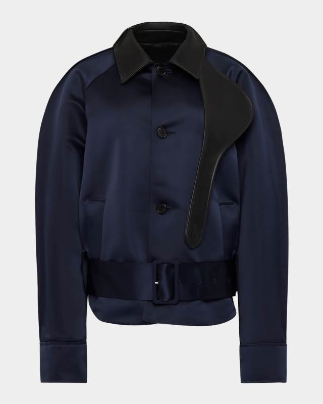 Belted Satin Rounded Blouson Jacket With Leather-Trim